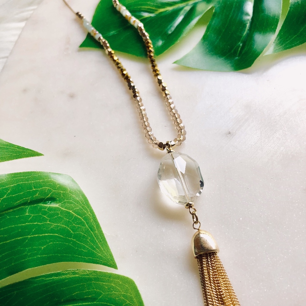 long gold beaded necklace